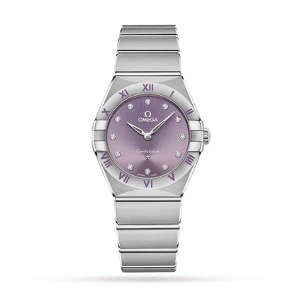 1:5 super orologi clone Omega Constellation Co-Axial 28mm Orologio da donna in acciaio inossidabile viola O13110286060002