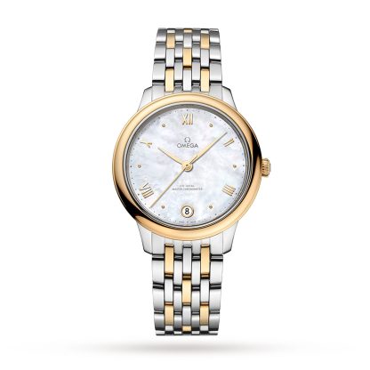 Orologi svizzeri replica donna Omega De Ville Prestige Co-Axial Master Chronometer 34mm Orologio da donna in acciaio inossidabile bianco e oro giallo 18ct O43420342005002