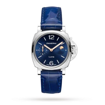 Orologi svizzeri replica prezzi Panerai Luminor Due Luna Moonphase 38 mm Orologio da donna in alligatore blu PAM01179