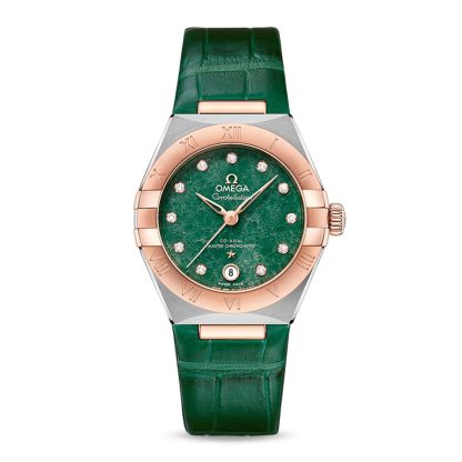 designer a buon mercato Omega Constellation Co-Axial Master Chronometer 29mm Orologio da donna in pelle verde O13123292099001