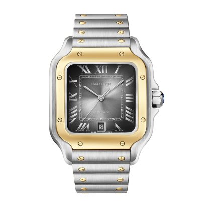 designer di alta qualità Orologio Cartier Santos De Cartier Modello Grande Carica Automatica Cassa Acciaio Oro Giallo Cinturino Pelle Intercambiabile Acciaio W2SA0030