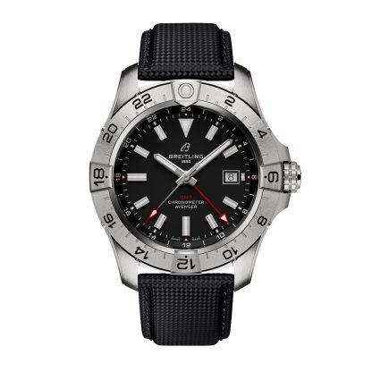 designer di moda Breitling Avenger Automatic GMT 44mm Orologio da uomo in pelle nera di vitello A32320101B1X1