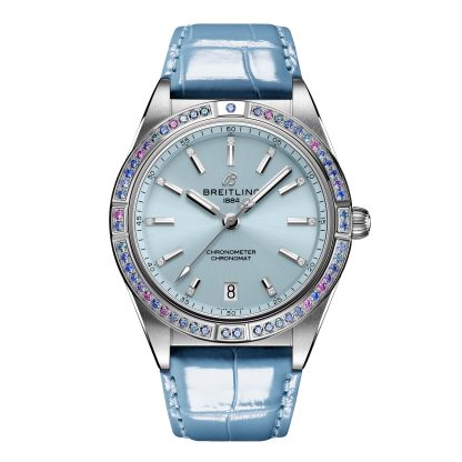 polso falso Breitling Chronomat Automatic 36 South Sea Ice Blue Cinturino Pelle Donna Orologio Alligatore G10380611C1P1